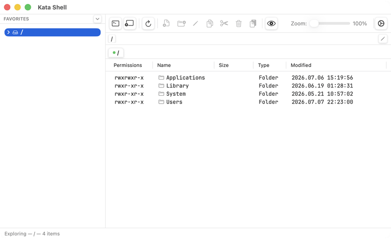 Kata Shell: a directory tree on the left, a details view with permissions and dates on the right, a toolbar above